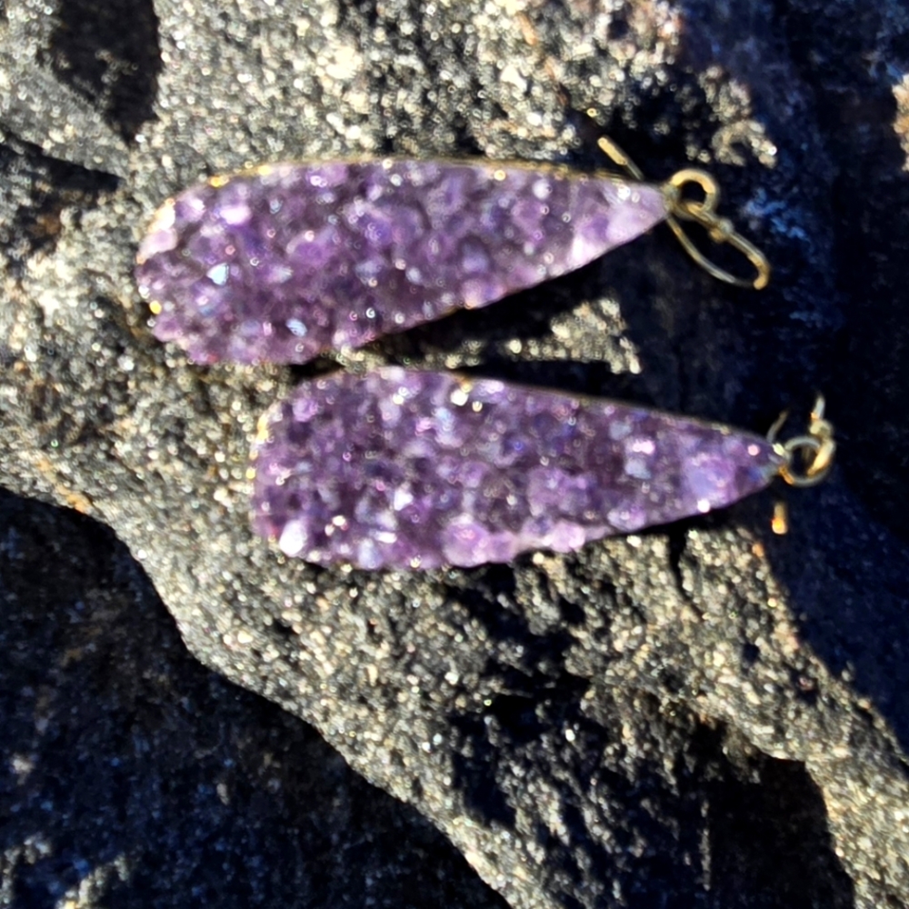 Stunning Rough Druzy Amethyst Teardrop Earrings